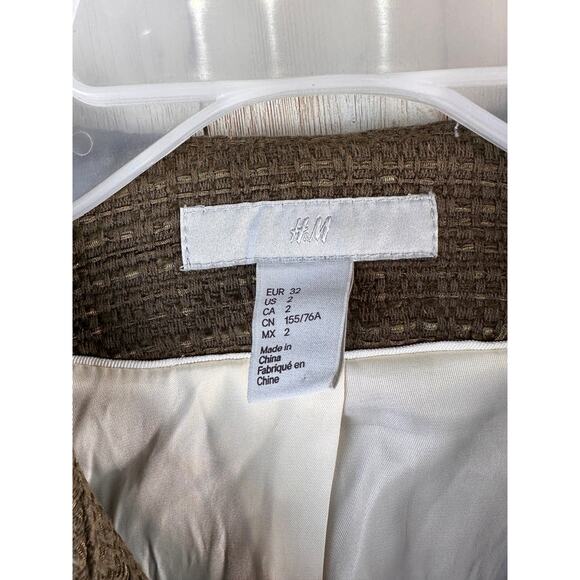 H&M Moto Jacket Womens 2 Olive Green Tweed Asymmetrical Zip Cropped Blazer - Picture 6 of 7